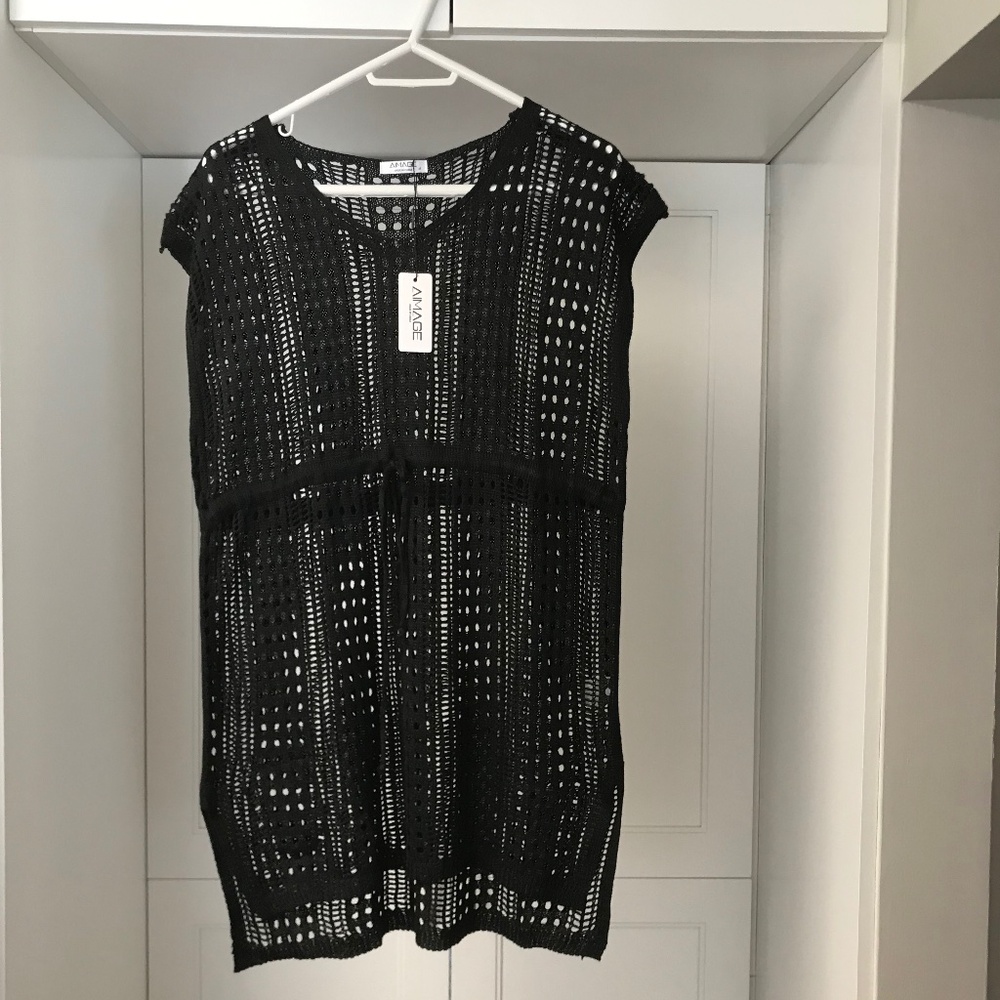 Al’Mage Women’s Crochet Knit Black Swimsuit Coverup Dress NWT Size M